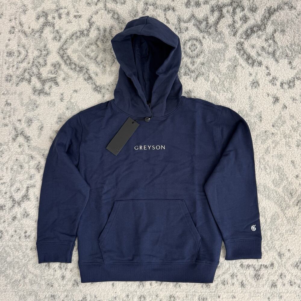 Greyson Youth Aspen Hoodie Maltese Navy Blue Sheatshirt Medium NEW Cotton Logo